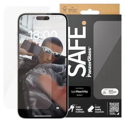 Obrázok produktu pre PanzerGlass SAFE. by ® Screen Protector iPhone 15 Plus | Ultra-Wide Fit, Apple, Apple - iPhone 15 Plus, Suché aplikovanie, Odolné proti poškriabaniu, Odolný proti nárazom, Priehľadná, 1 kusov