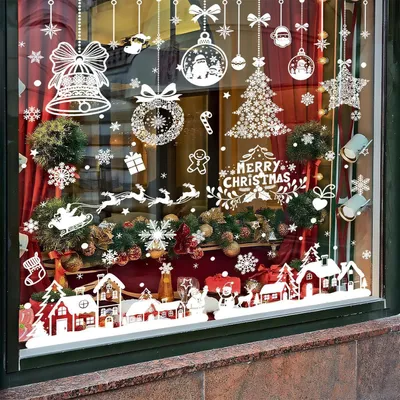 Image de Décorations de fenêtre pour Noël, 193 pièces, PVC blanc, flocons de neige et maisons, réutilisables