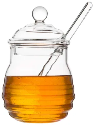 Produktbild von Glasbehälter für Honig – Mit Honiglöffel – 265 ml – Mit Griff für einfachen Verschluss – Für Honig und Sirup