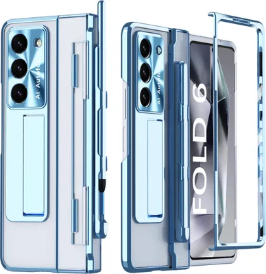Produktbild von Handyhülle für Samsung Galaxy Z Fold 6 mit Pen und Stift Halter, Displayschutz Transparent Galvanisierte Ständer Schutzhülle Blau