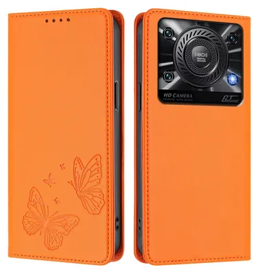 Produktbild von Lederhülle für Oukitel C60, Schmetterling Prägung Leder Brieftasche Schutzhülle mit Ständer Orange