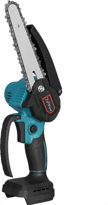 A cordless chainsaw with a battery pack and chain is shown against a white background.