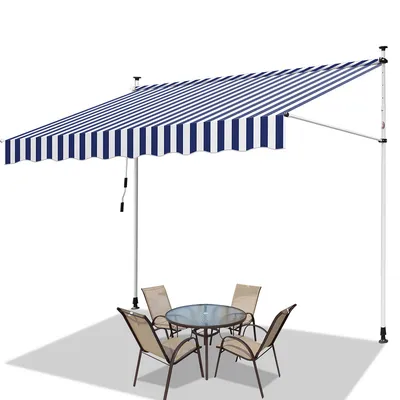 Produktbild von Hengda Klemmmarkise 300x120cm Markise Höhenverstellbare Balkonmarkise mit Handkurbel Sonnenschutz ohne Bohren für Terrasse und Balkon Blau Weiß