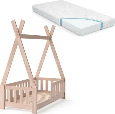 Obrázek produktu pro Vitalispa Domečková postel Tipi, 70x140 cm s ohrádkou a matrací, Přírodní dřevo