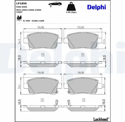 Produktbild von DELPHI Bremsbeläge Satz Vorne Bremsklötze für TOYOTA Yaris Schrägheck (P1) LP1896