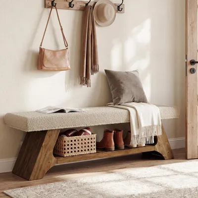Produktbild von Eingangsbank Massivholz mit Kissen und Schuhablage 140 cm