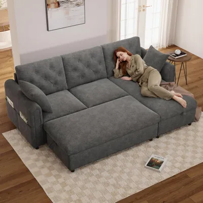 Produktbild von Merax 3 Sitzer Ecksofa Mit Stauraum, Sofa Mit Chaise Longue Und Hocker, Couch Mit Magazintaschen, Wechselbare Ottomane, Samt Soffa, Grau