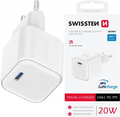Zdjęcie produktu dla SZYBKA ŁADOWARKA SIECIOWA GaN 1x USB-C 20W POWER DELIVERY SWISSTEN