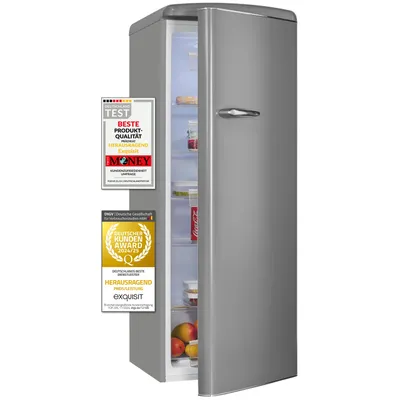A silver retro-style refrigerator with its door slightly ajar, revealing shelves with items inside. Two award stickers are attached to the left side of the refrigerator.
