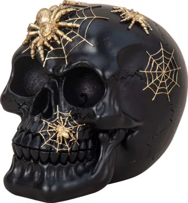 Produktbild von Skulptur Dekofigur Totenkopf schwarz mit goldenen Spinnen aus Kunststein Höhe 12cm Breite 15cm