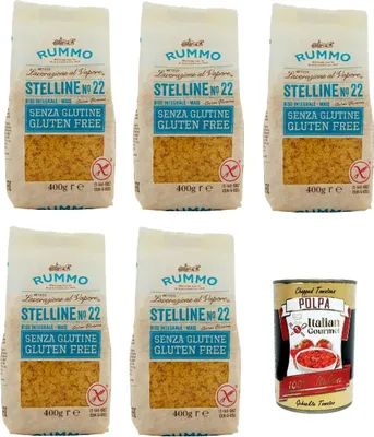 Produktbild von Rummo Pasta Stelline N° 22 senza Glutine, gluten free, 100% italienische Pasta nudeln glutenfrei 5x 400g + Italian Gourmet polpa 400g