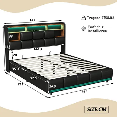 Obrázek produktu pro Postel s čalouněnou konstrukcí, rozměry 140 x 200 cm, potah z umělé kůže, hydraulický úložný prostor, čelo s LED osvětlením a USB porty, barva: černá