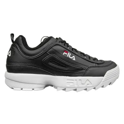 A side view of a black Fila Disruptor low-top sneaker with a white sole, set against a white background.