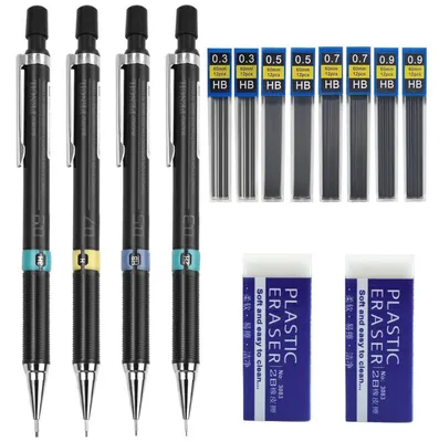 Image de Coffret de crayons à papier 14 pièces, avec des mines de 0,3/0,5/0,7/0,9 mm, comprenant 8 mines HB et 2 gommes