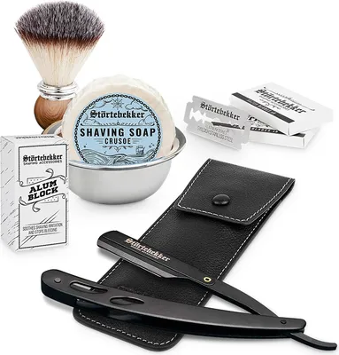 Produktbild von Rasierset - Rasiermesser Schwarz – Lederetui Schwarz - Crusoe