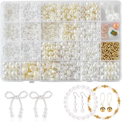 Produktbild von Perlenset 100 Stück, weiße Plastikperlen, Schmuckherstellung, für Armband