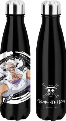Two black thermos bottles shown from different angles.