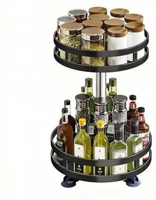 Immagine prodotto di Carussello girevole per spezie Unyqoos®, a 2 livelli, in metallo (Acciaio al carbonio), finitura nera opaca – rotazione a 360°, base antiscivolo, ideale per cucina e bagno