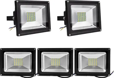 A set of five LED floodlights arranged in two rows on a white background.