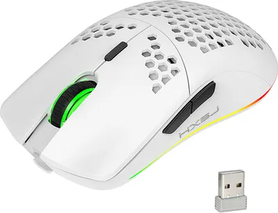 A white wireless gaming mouse with RGB lighting and a USB receiver.