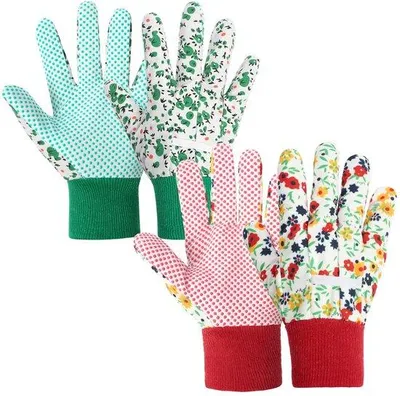 Obrázok produktu pre Ibenzoa® záhradné rukavice s kvetinovým vzorom – 2 páry, 35 % bavlna/65 % polyester, PVC protišmyková dlaň, priedušné, 24 cm