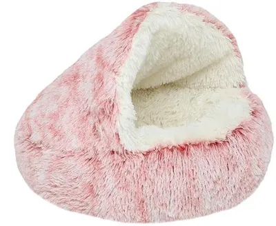 Image de Lit rond pour chien avec capuche, lavable, antidérapant, 40 cm, rose, en peluche