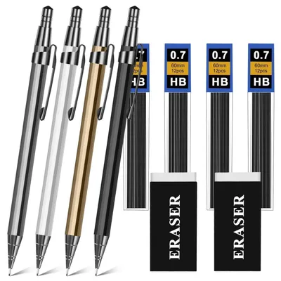 Produktbild von Druckbleistift Set 4 Stück 0,7 mm Metall mit HB Minen und Radiergummis