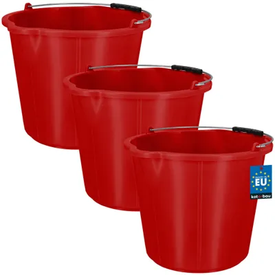 Image de KOTARBAU® Lot de 3 seaux de chantier 15 L Seau à mortier Seau à outils de maçon Seau à enduit avec bec verseur et poignée Seau à mortier avec graduation Rond en plastique HDPE Rouge