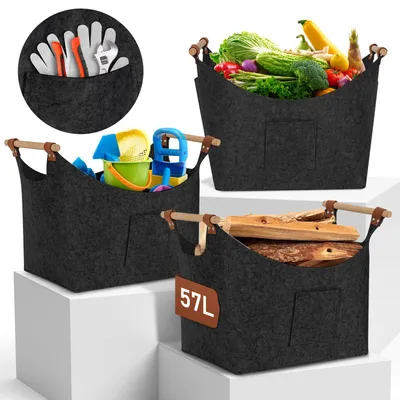 Produktbild von Eikuavons Holzkorb für Kaminholz, faltbarer Filzkorb Dunkelgrau, 57 L, 5mm Materialstärke, Holzgriffe und 2 Seitentaschen