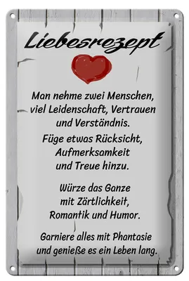 Produktbild von Blechschild Liebesrezept nehme 2  Menschen, 30x20 cm, Blechschilder Spruch Glück Weisheit Liebe Paar