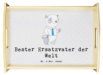 Produktbild von Mr. & Mrs. Panda Tablett Panda Bester Ersatzvater der Welt - Grau Pastell - Geschenk, Holztablett, Servier, Dankeschön, Vater, Eltern, Serviertablett, Geschenkidee, Sofa