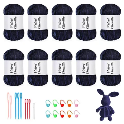 Immagine prodotto di Filato chenille 1000g (10 gomitoli da 100g) color blu scuro vellutato, ideale per lavorare a maglia e all'uncinetto
