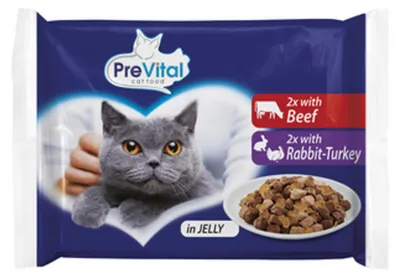 Zdjęcie produktu dla PreVital karma dla kotów 4 x 100g. Z wołowiną w galaretce. Z królikiem i indykiem w galaretce