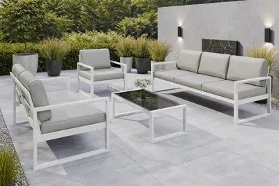 Produktbild von Margaret Hadas24 Gartenmöbelset Madera für 6 Personen Terassenmöbel Sitzbank mit Lehne, Gartenmöbel, 4-tlg. Sitzgruppe mit Tisch weiß, beige