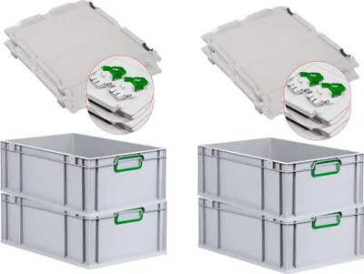 Produktbild von SuperSparSet 4x Eurobox NextGen Color mit Scharnierdeckel und Schiebeschnappverschlüssen | HxBxT 22x40x60cm | 44 Liter | Grau | Griffe grün geschlossen | Verstärkter Boden | Eurobehälter, Transportbox, Transportbehälter, Stapelbehälter