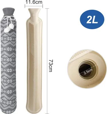 Produktbild von Lange Wärmflasche mit Bezügen, 2 Liter Outdoor-Fell-Wärmflasche, große Polar-Wärmflasche (Grau)
