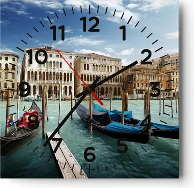 Produktbild von Wanduhr - Quadrat - Glasuhr - Architektur venedig italien gondel - 40x40cm - Schleichendes Uhrwerk - Lautlos - zum Aufhängen bereit - Dekoration Modern - Wanddekoration aus Glas - C4AC40x40-2705