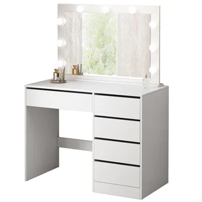 A white vanity table with a lighted mirror and drawers, set against a white background.