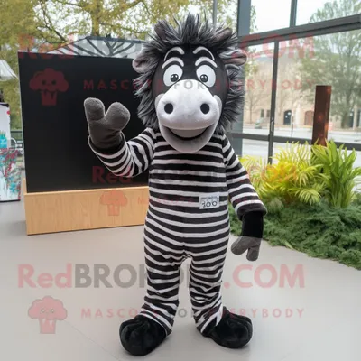 Produktbild von Schwarzer REDBROKOLY Zebra Maskottchen Kostüm charakter bekleidet mit einer Hose und Fäustlingen