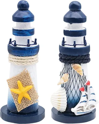 Leuchtturm-Ornamente aus Holz, 2 Stück, 13 x 5 cm, nautische Dekoration