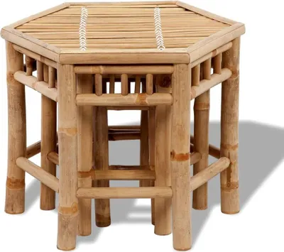 A hexagonal bamboo side table with criss-cross support.