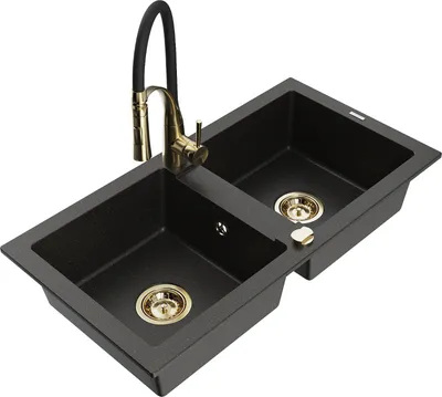 Produktbild von Mexen Mario 2-Becken-Granitspüle mit Mischbatterie Aster, Schwarz/Gold metallisch - 6504-75-73450-57-G
