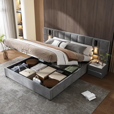 Produktbild von Flieks Polsterbett 180x200cm mit USB und Leselampe, Boxspringbett mit Lattenrost, Doppelbett mit Stauruam, Stauraumbett Funktionsbett, Samt, Grau
