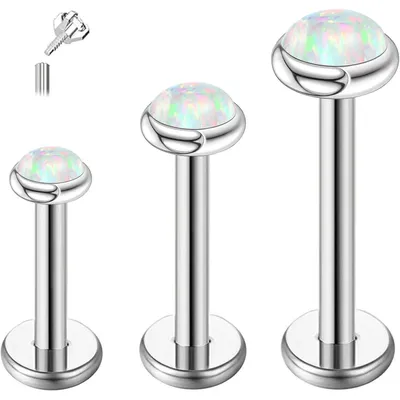 Image de Piercing tragus, hélix et labret Titan. Matériaux : argent, opale. Hypoallergénique. Filetage interne. Disponible en 16g (1,2 mm) et en longueurs de 6 mm, 8 mm et 10 mm