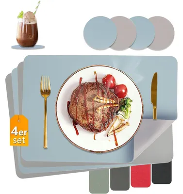 Produktbild von Tischsets Abwaschbar Lederoptik Hitzebeständig 4er Set Hellblau + Grau 43x30 cm inkl. Untersetzer