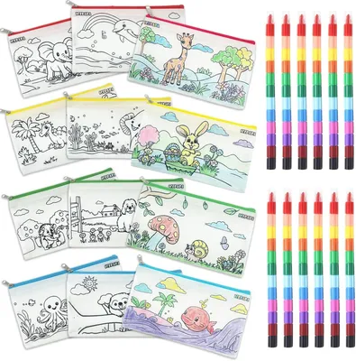 Produktbild von Maltasche zum Bemalen, 12 stapelbare Wachsmalstifte, 12 Farben, kreatives Spielzeug für Kinder