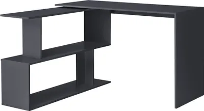 A dark gray L-shaped desk with a built-in shelving unit.
