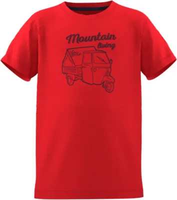 Rotes T-Shirt für Kinder mit dem Aufdruck eines Tuk-Tuks und dem Text "Mountain Racing".