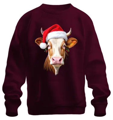 Produktbild von Weihnachtskuh Nikolausmütze Bauernhof Geschenk niedlich Sweatshirt Pullover, Burgundy, M