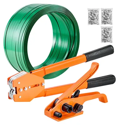 Immagine prodotto di Set di reggiatura VEVOR da 4 pezzi con nastro di reggiatura, reggiatrice manuale con 304,8 m di nastro in PET, 300 graffette metalliche e taglierina; attrezzatura da officina ideale per l'imballaggio industriale, il trasporto e lo stoccaggio